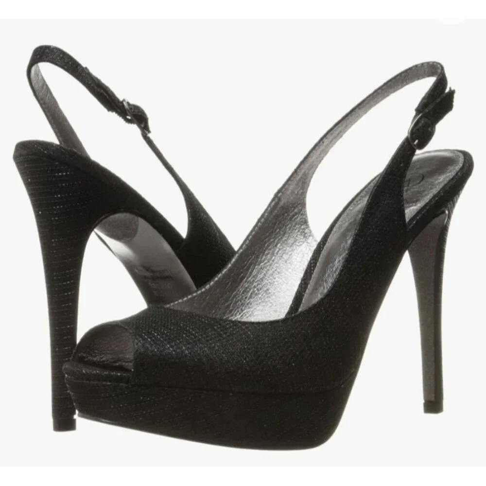 Adrianna Papell Womens Size 7 Black Glitter Peep Toe Slingback High Heels 4.5